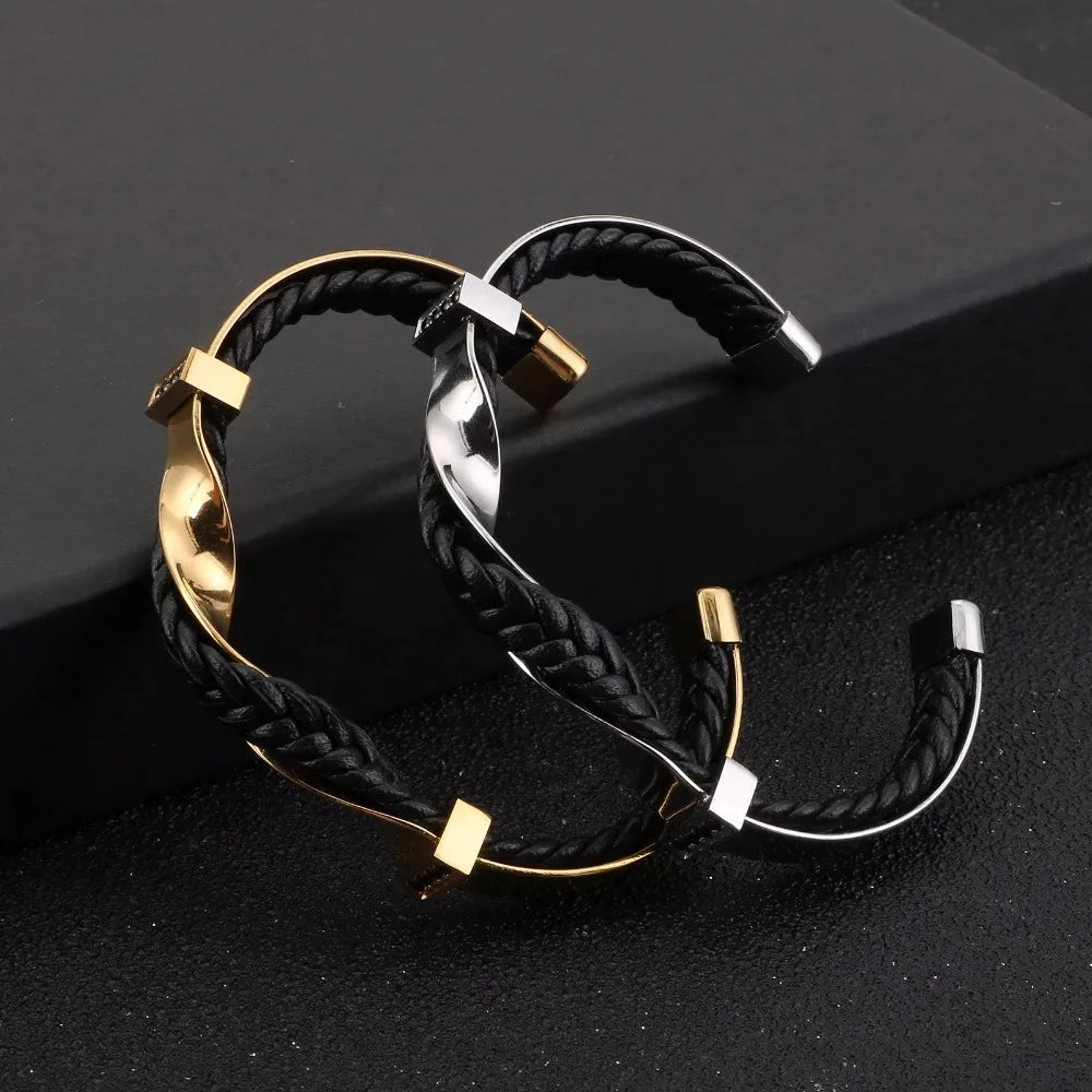 Herren Armreif Gold | Geflochtenes Lederarmband Schwarz-Gold [ Herrenkollektion - Accessoires - Armbänder ] 174 - Herren Armreif Gold Gratti Paris 