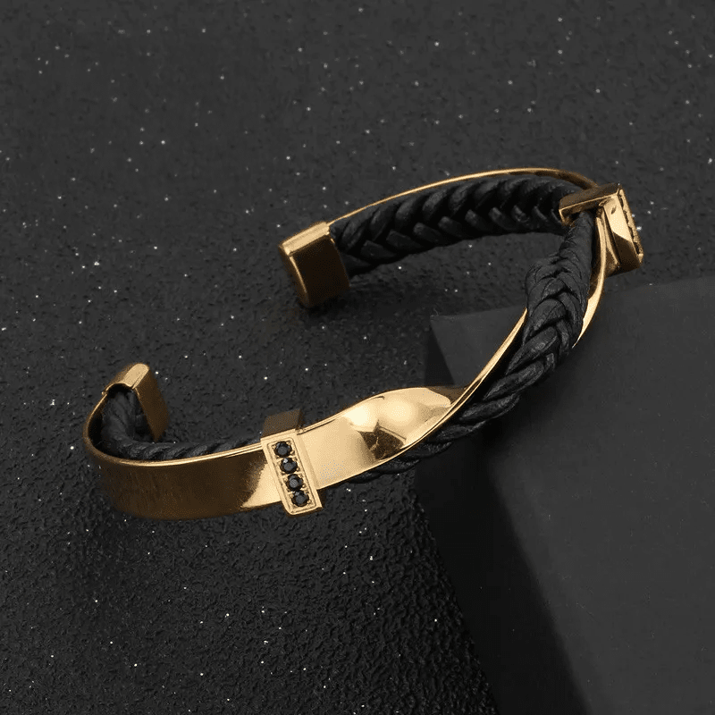 Herren Armreif Gold | Geflochtenes Lederarmband Schwarz-Gold [ Herrenkollektion - Accessoires - Armbänder ] 174 - Herren Armreif Gold Gratti Paris 