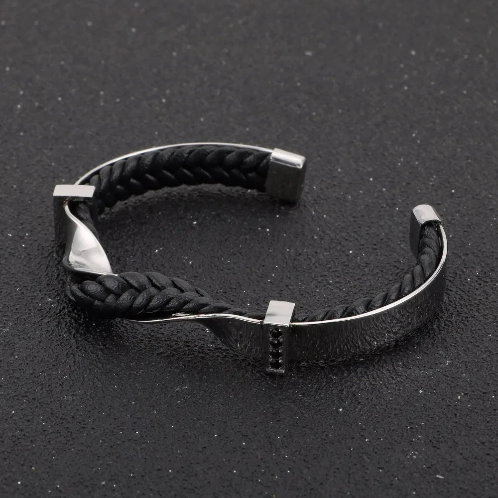 Herren Armreif Gold | Geflochtenes Lederarmband Schwarz-Gold [ Herrenkollektion - Accessoires - Armbänder ] 174 - Herren Armreif Gold Gratti Paris 