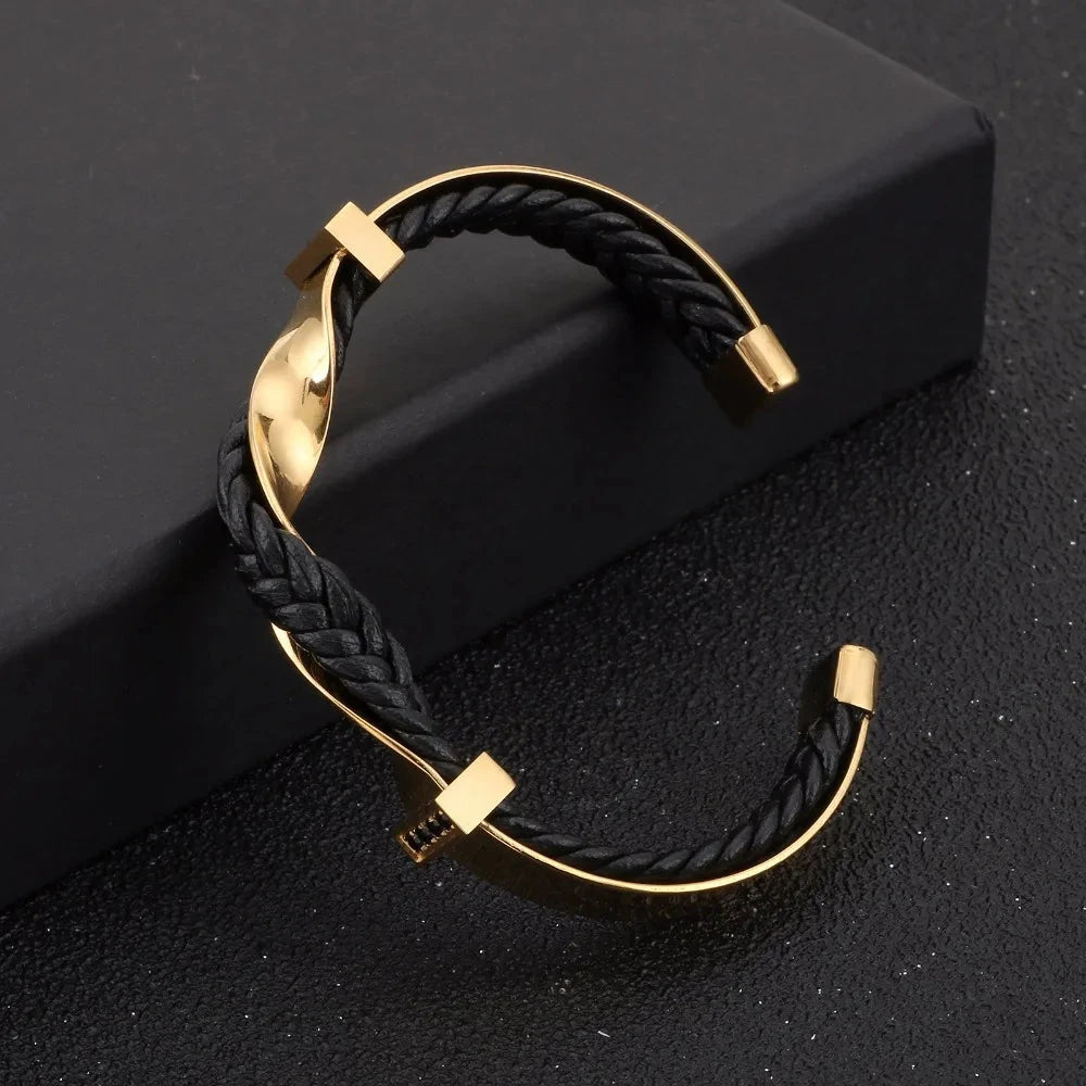 Herren Armreif Gold | Geflochtenes Lederarmband Schwarz-Gold [ Herrenkollektion - Accessoires - Armbänder ] 174 - Herren Armreif Gold Gratti Paris 