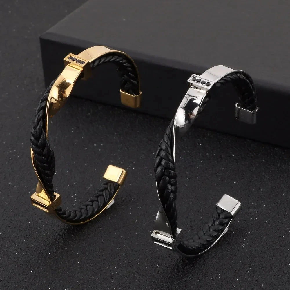 Herren Armreif Gold | Geflochtenes Lederarmband Schwarz-Gold [ Herrenkollektion - Accessoires - Armbänder ] 174 - Herren Armreif Gold Gratti Paris 