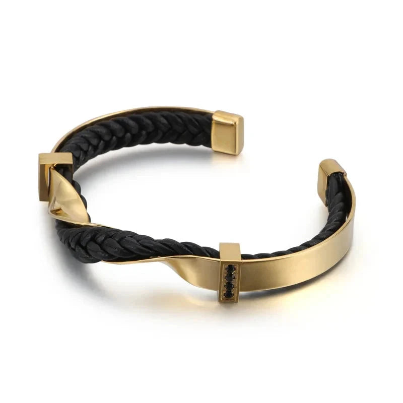 Herren Armreif Gold | Geflochtenes Lederarmband Schwarz-Gold [ Herrenkollektion - Accessoires - Armbänder ] 174 - Herren Armreif Gold Gratti Paris Gold 