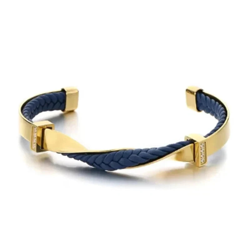 Herren Armreif Gold | Geflochtenes Lederarmband Schwarz-Gold [ Herrenkollektion - Accessoires - Armbänder ] 174 - Herren Armreif Gold Gratti Paris Goldblau 
