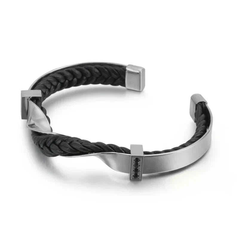Herren Armreif Gold | Geflochtenes Lederarmband Schwarz-Gold [ Herrenkollektion - Accessoires - Armbänder ] 174 - Herren Armreif Gold Gratti Paris Silber 