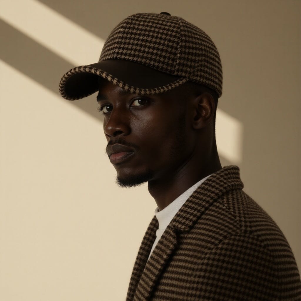 Herren Baseball Cap Hahnentrittmuster | Leder Kappe mit Schirm braun [ Herrenkollektion - Caps - Accessoires ] 184 - Herren Baseball Cap Hahnentrittmuster Gratti Paris 