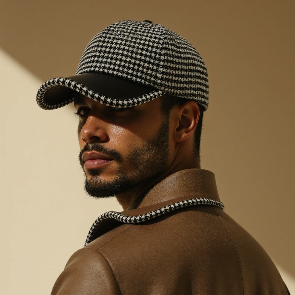 Herren Baseball Cap Hahnentrittmuster | Leder Kappe mit Schirm braun [ Herrenkollektion - Caps - Accessoires ] 184 - Herren Baseball Cap Hahnentrittmuster Gratti Paris 