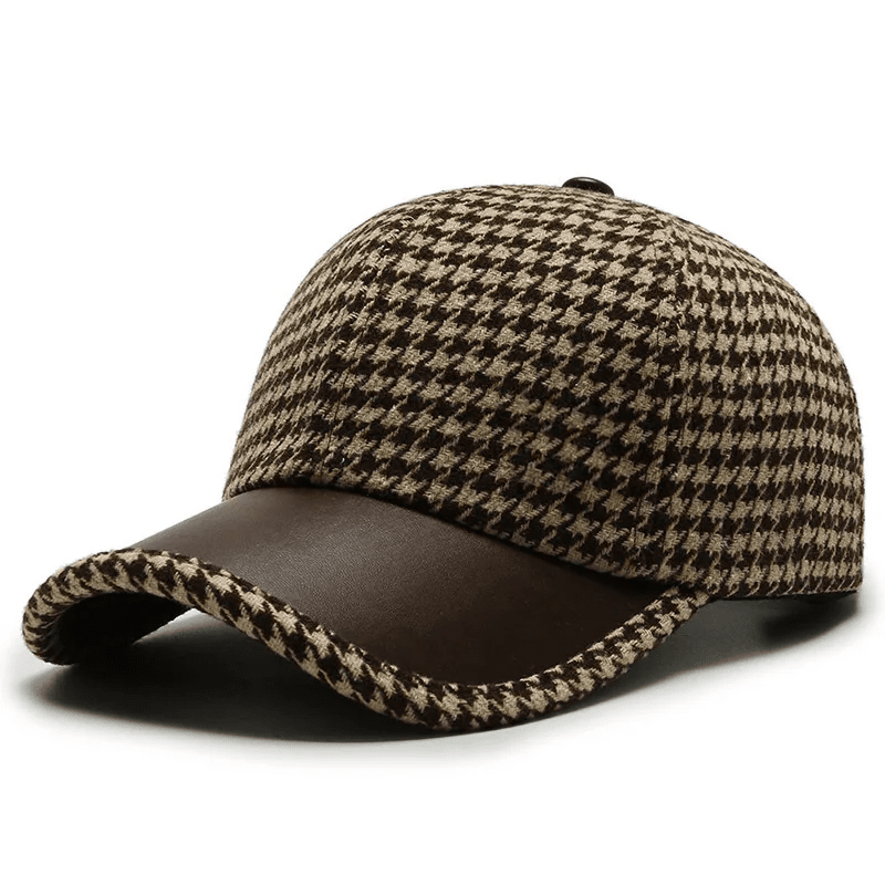Herren Baseball Cap Hahnentrittmuster | Leder Kappe mit Schirm braun [ Herrenkollektion - Caps - Accessoires ] 184 - Herren Baseball Cap Hahnentrittmuster Gratti Paris Braun 