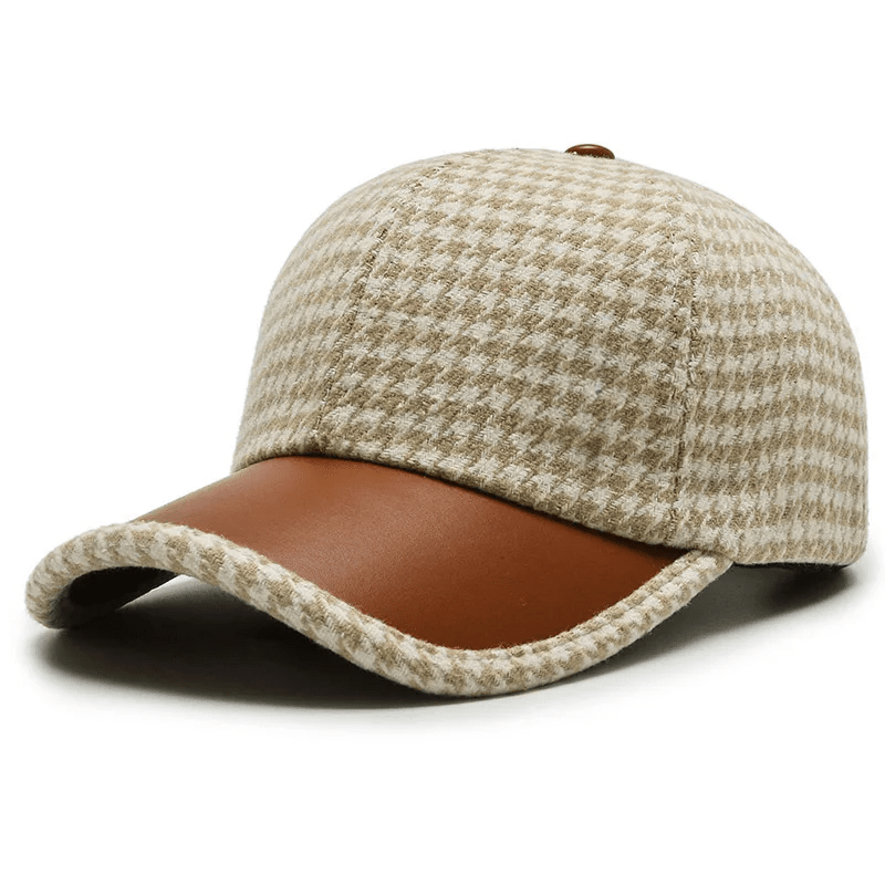 Herren Baseball Cap Hahnentrittmuster | Leder Kappe mit Schirm braun [ Herrenkollektion - Caps - Accessoires ] 184 - Herren Baseball Cap Hahnentrittmuster Gratti Paris Khaki 