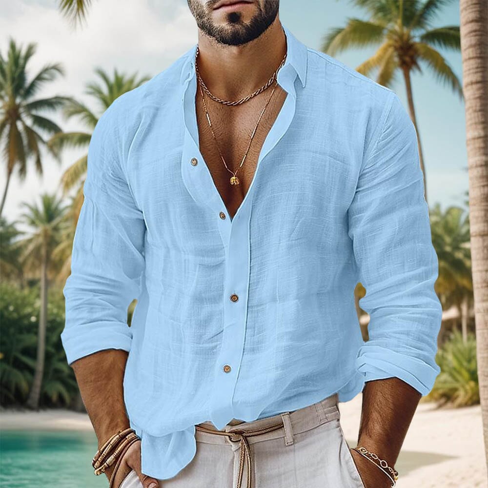 Herren Baumwollhemd Langarm | Lässiges Sommerhemd weiß [ Herrenkollektion - Langarmhemden - Sommerlangarm ] 30 - Herren Baumwollhemd Langarm Gratti Paris Blau S 