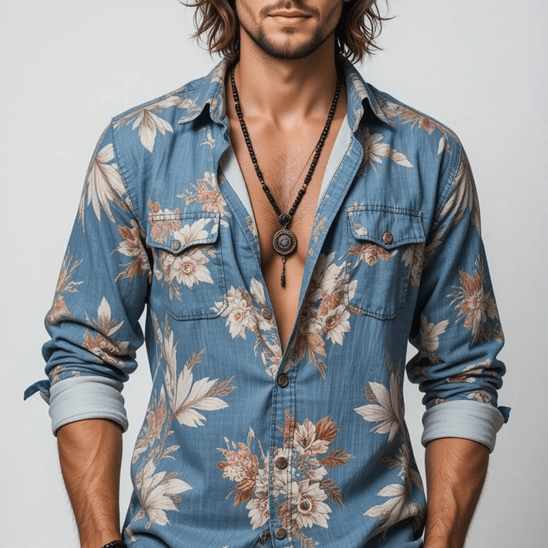 Herren Blumenhemd Langarm | Lässiges Jeanshemd mit Brusttaschen [ Herrenkollektion - Langarmhemden - Sommerlangarm ] 160 - Herren Blumenhemd Langarm Gratti Paris 