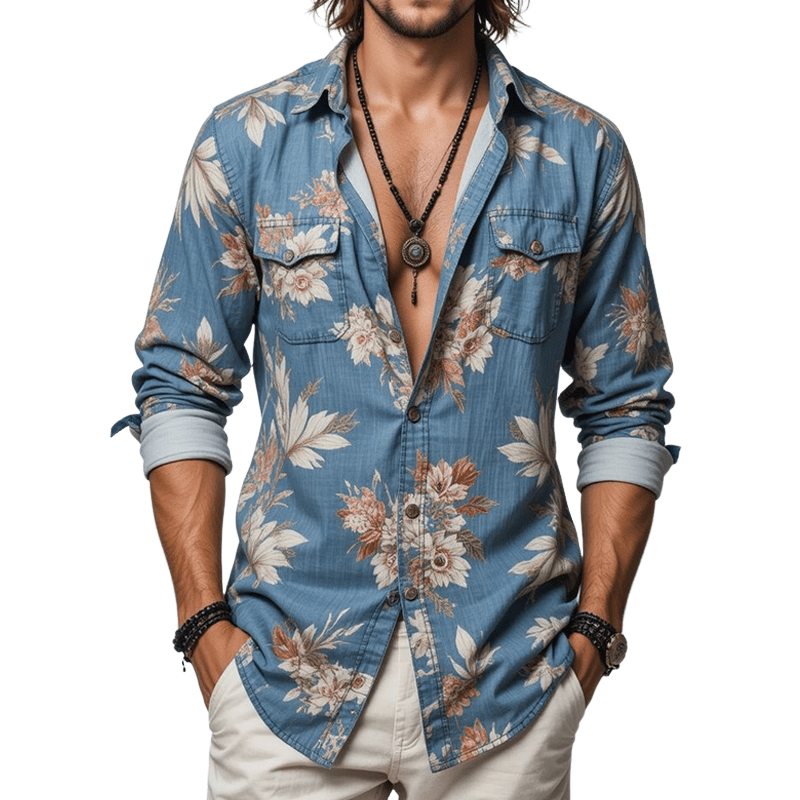 Herren Blumenhemd Langarm | Lässiges Jeanshemd mit Brusttaschen [ Herrenkollektion - Langarmhemden - Sommerlangarm ] 160 - Herren Blumenhemd Langarm Gratti Paris 