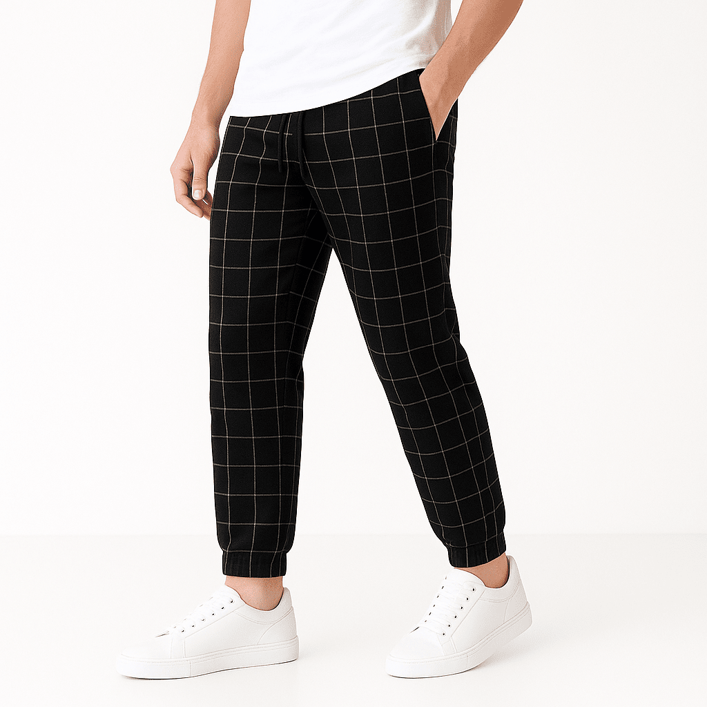 Herren Freizeithose mit Gittermuster | Lässige Jogginghose mit Kordelzug marineblau [ Herrenkollektion - Frühling & Sommer '25 - Leinensets ] 292 - Herren Freizeithose mit Gittermuster Gratti Offiziell Schwarz XS 