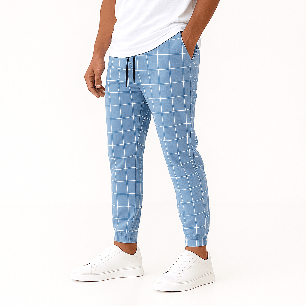 Herren Freizeithose mit Gittermuster | Lässige Jogginghose mit Kordelzug marineblau [ Herrenkollektion - Frühling & Sommer '25 - Leinensets ] 292 - Herren Freizeithose mit Gittermuster Gratti Offiziell Hell Blau XS 