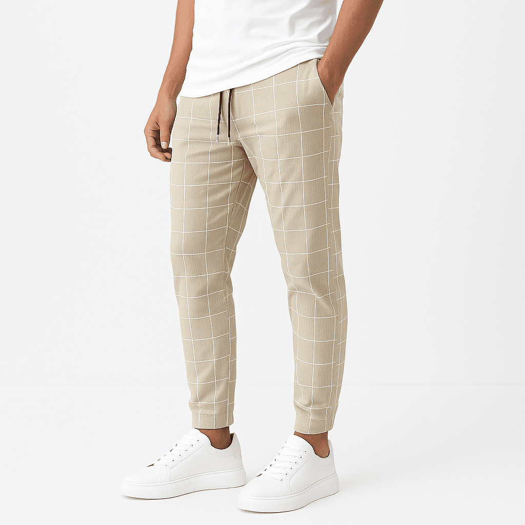 Herren Freizeithose mit Gittermuster | Lässige Jogginghose mit Kordelzug marineblau [ Herrenkollektion - Frühling & Sommer '25 - Leinensets ] 292 - Herren Freizeithose mit Gittermuster Gratti Offiziell Khaki XS 