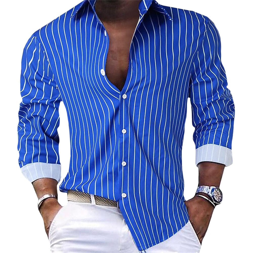 Herren Hemd gestreift blau | Lässiges Langarm Sommerhemd [ Herrenkollektion - Langarmhemden - Sommerlangarm ] 23 - Herren Hemd gestreift blau Gratti Paris Blau S 