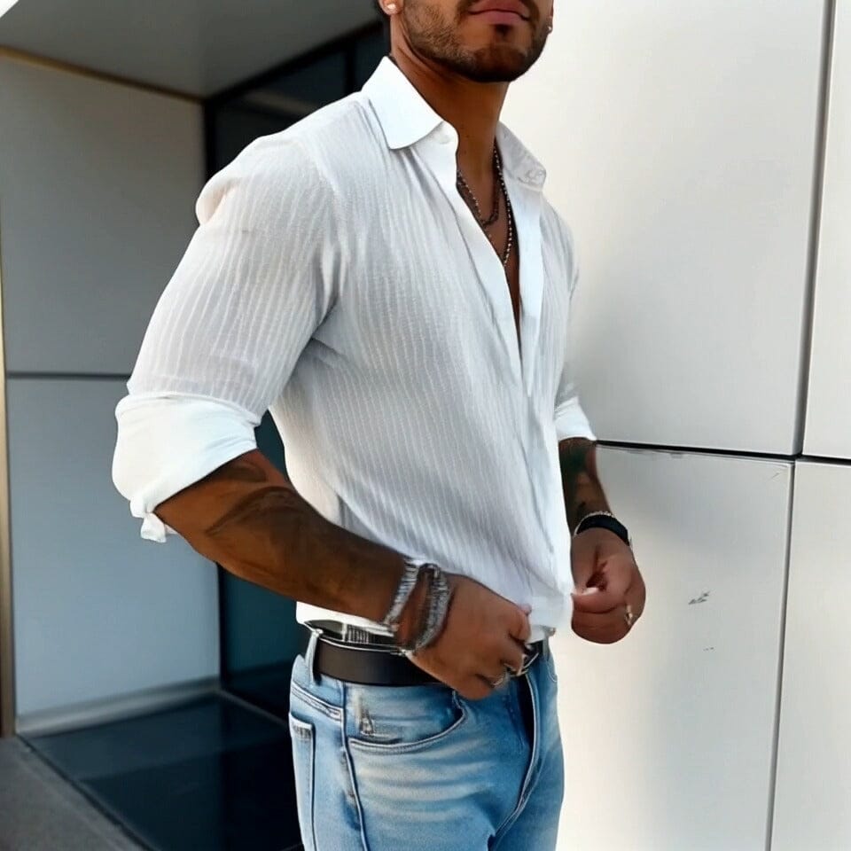 Herren Hemd gestreift Slim Fit | Lässiges Langarmhemd mit Struktur weiß [ Herrenkollektion - Langarmhemden - Sommerlangarm ] 134 - Herren Hemd gestreift Slim Fit Gratti Paris 
