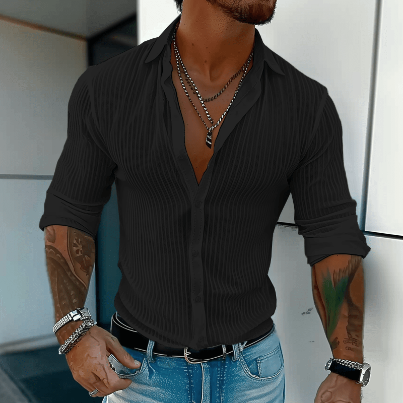 Herren Hemd gestreift Slim Fit | Lässiges Langarmhemd mit Struktur weiß [ Herrenkollektion - Langarmhemden - Sommerlangarm ] 134 - Herren Hemd gestreift Slim Fit Gratti Paris Schwarz S 