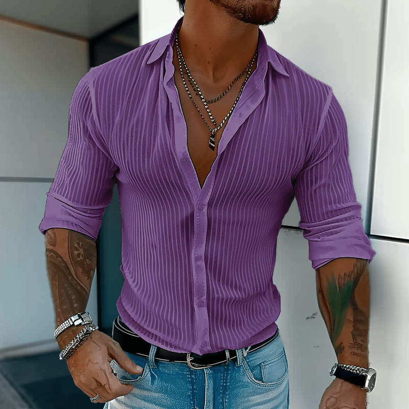 Herren Hemd gestreift Slim Fit | Lässiges Langarmhemd mit Struktur weiß [ Herrenkollektion - Langarmhemden - Sommerlangarm ] 134 - Herren Hemd gestreift Slim Fit Gratti Paris Violett S 