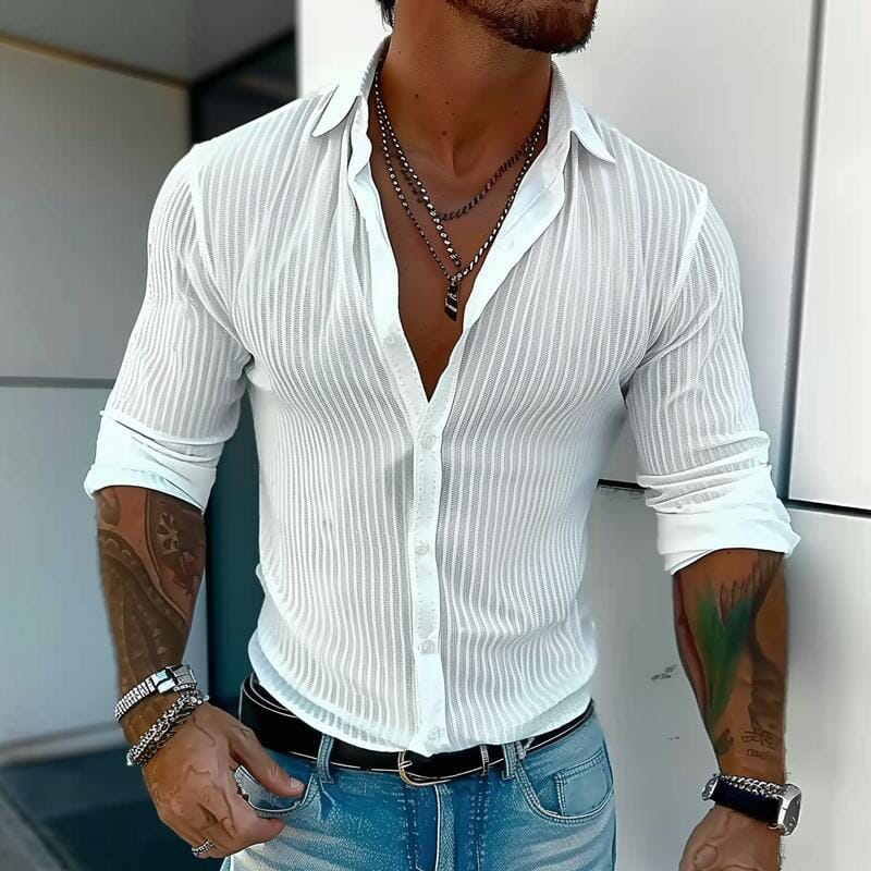 Herren Hemd gestreift Slim Fit | Lässiges Langarmhemd mit Struktur weiß [ Herrenkollektion - Langarmhemden - Sommerlangarm ] 134 - Herren Hemd gestreift Slim Fit Gratti Paris Weiß S 