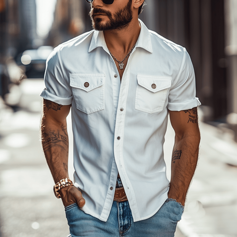 Herren Hemd Kurzarm Slim Fit | Freizeithemd mit Brusttaschen weiß [ Herrenkollektion - Frühling & Sommer '25 - Hemden ] 86 - Herren Hemd Kurzarm Slim Fit Gratti Paris 