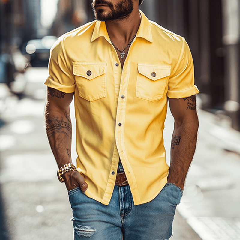 Herren Hemd Kurzarm Slim Fit | Freizeithemd mit Brusttaschen weiß [ Herrenkollektion - Frühling & Sommer '25 - Hemden ] 86 - Herren Hemd Kurzarm Slim Fit Gratti Paris Gelb S 