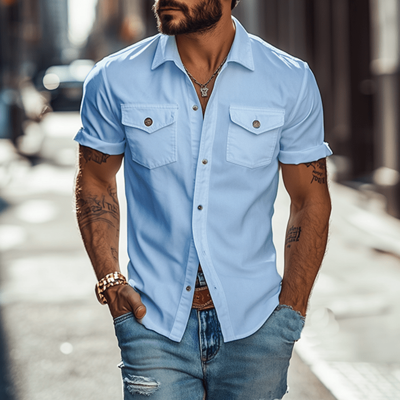 Herren Hemd Kurzarm Slim Fit | Freizeithemd mit Brusttaschen weiß [ Herrenkollektion - Frühling & Sommer '25 - Hemden ] 86 - Herren Hemd Kurzarm Slim Fit Gratti Paris Hellblau S 