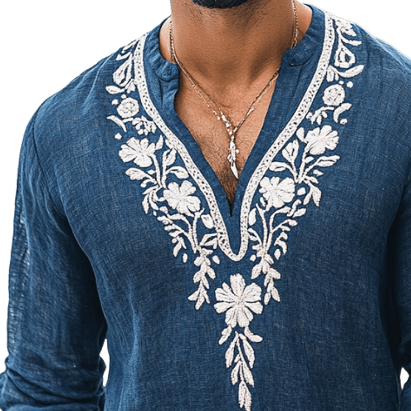 Herren Hemd mit Stickerei V-Ausschnitt | Lässiges Leinenhemd im Henley-Stil blau [ Herrenkollektion - Leinenhemden - Langarmhemden ] 155 - Herren Hemd mit Stickerei V-Ausschnitt Gratti Paris 