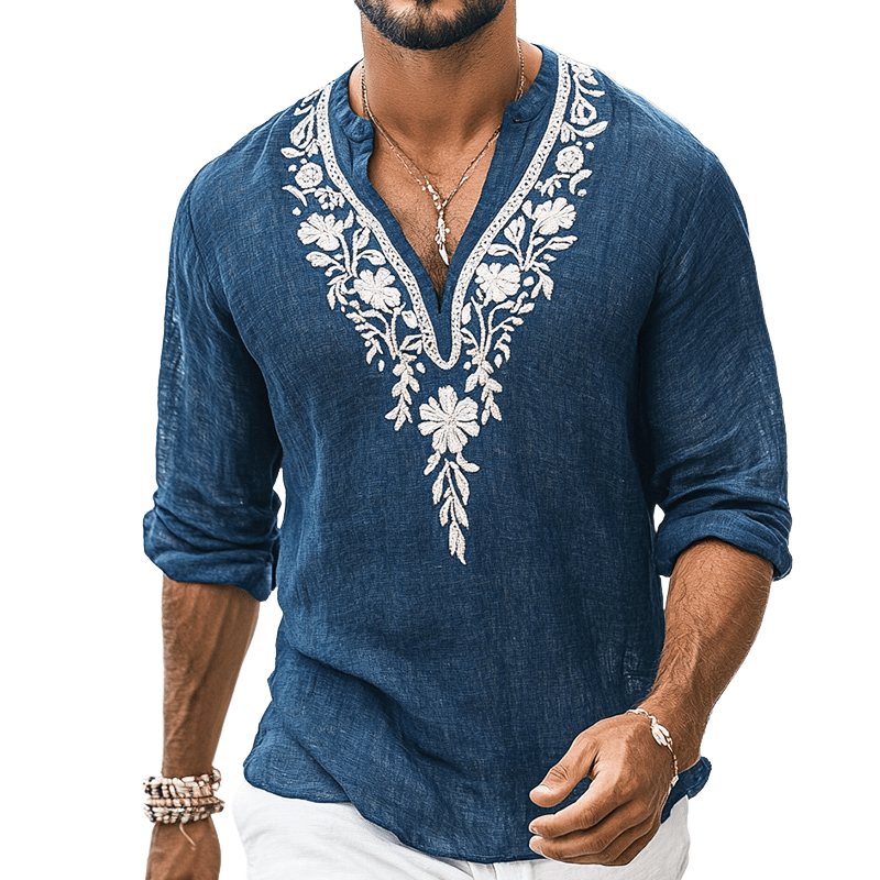 Herren Hemd mit Stickerei V-Ausschnitt | Lässiges Leinenhemd im Henley-Stil blau [ Herrenkollektion - Leinenhemden - Langarmhemden ] 155 - Herren Hemd mit Stickerei V-Ausschnitt Gratti Paris 