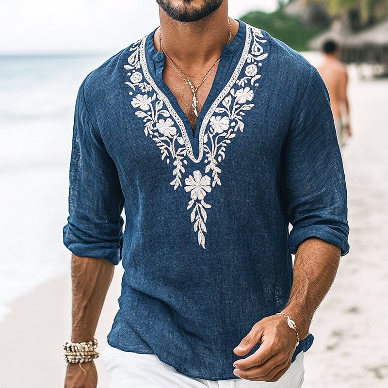 Herren Hemd mit Stickerei V-Ausschnitt | Lässiges Leinenhemd im Henley-Stil blau [ Herrenkollektion - Leinenhemden - Langarmhemden ] 155 - Herren Hemd mit Stickerei V-Ausschnitt Gratti Paris Blau S 