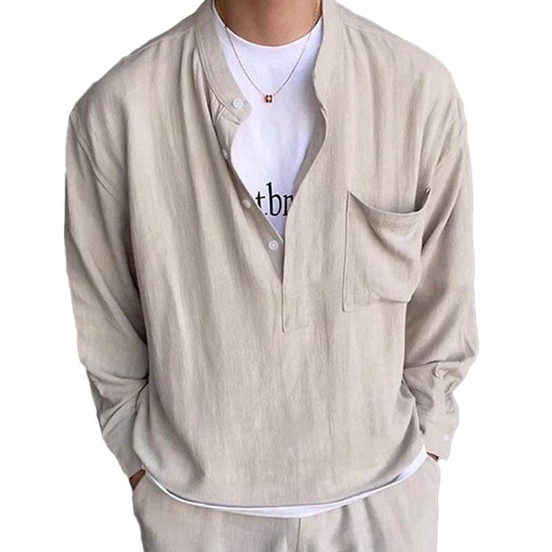 Herren Hemd ohne Kragen | Stehkragen Freizeithemd [ Herrenkollektion - Langarmhemden - Herren Hemd ohne KragenSommerlangarm ] 60 - Gratti Paris Beige S 