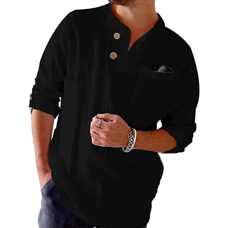 Herren Hemd ohne Kragen | Stehkragen Freizeithemd weiß [ Herrenkollektion - Leinenhemden - Langarmhemden ] 85 - Herren Hemd ohne Kragen Gratti Paris Schwarz M 