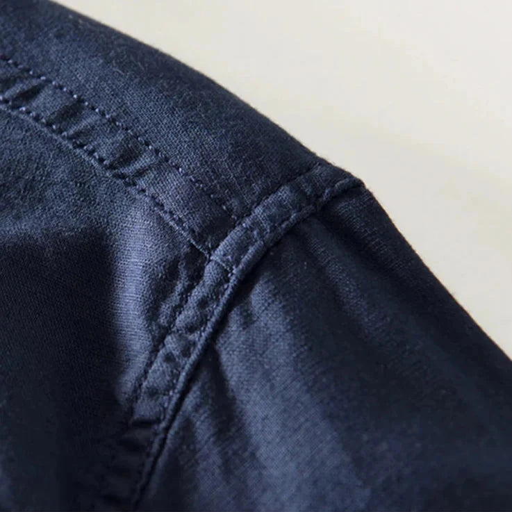 Herren Hemd ohne Kragen Stehkragen | Lässiges Langarm Leinenhemd beige [ Herrenkollektion - Langarmhemden - Sommerlangarm ] 48 - Herren Hemd ohne Kragen Stehkragen Gratti Paris 