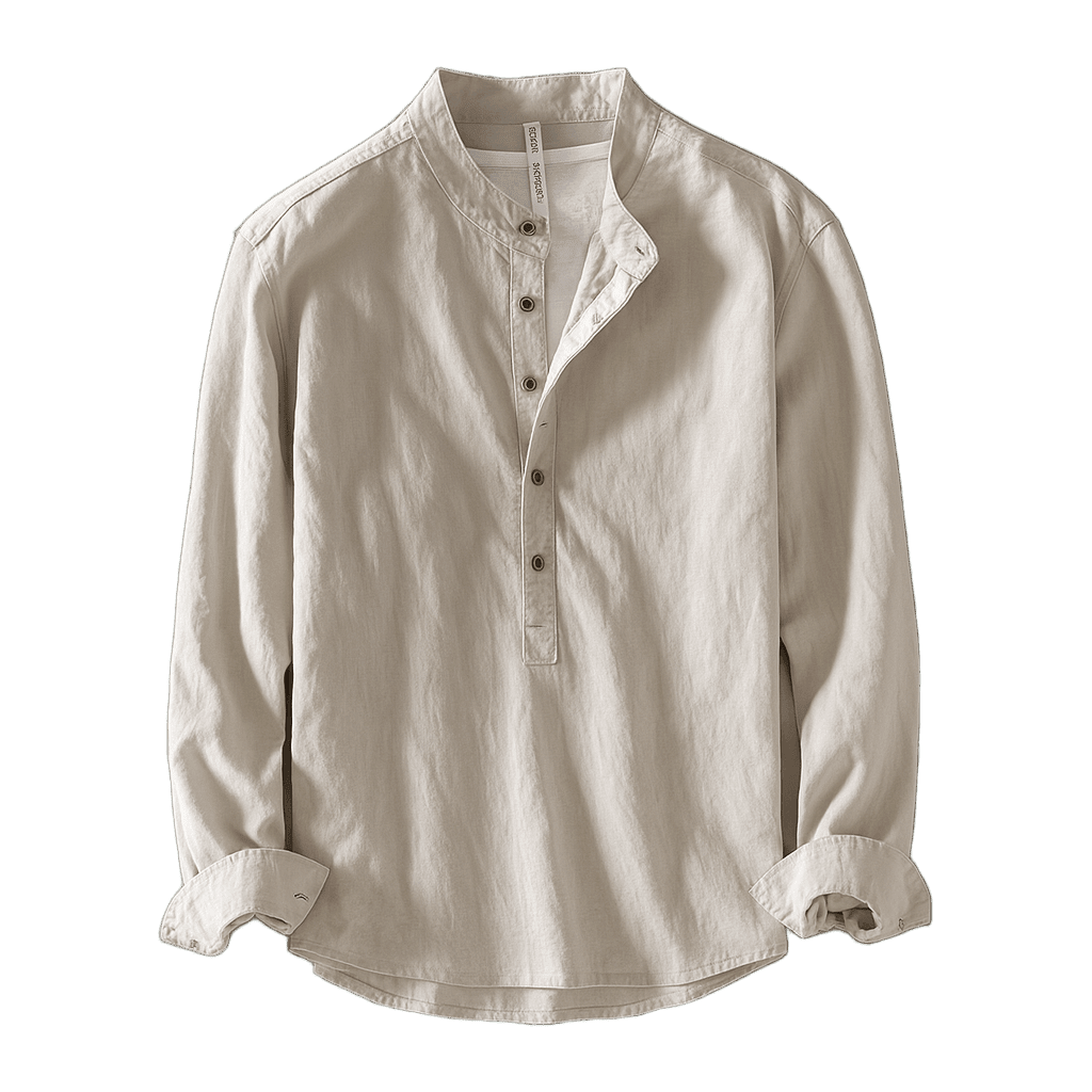 Herren Hemd ohne Kragen Stehkragen | Lässiges Langarm Leinenhemd beige [ Herrenkollektion - Langarmhemden - Sommerlangarm ] 48 - Herren Hemd ohne Kragen Stehkragen Gratti Paris 
