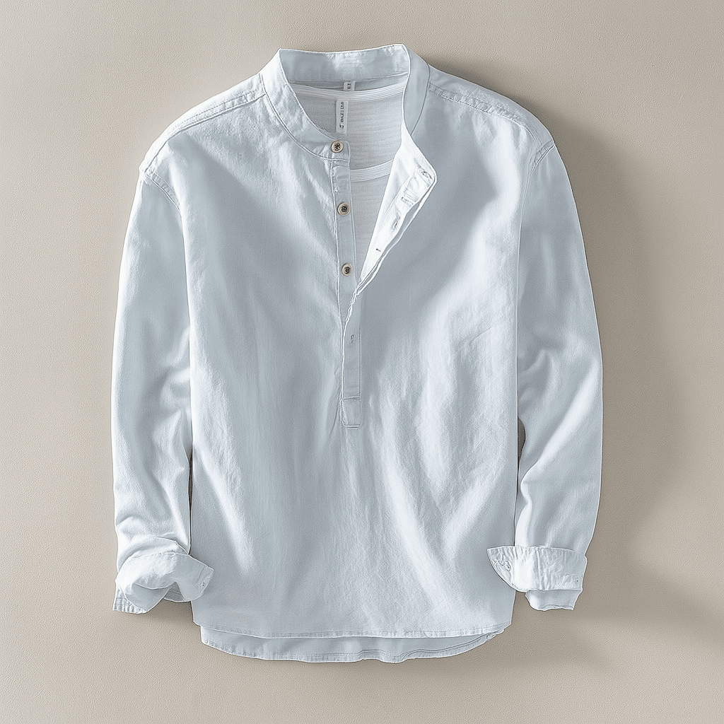 Herren Hemd ohne Kragen Stehkragen | Lässiges Langarm Leinenhemd beige [ Herrenkollektion - Langarmhemden - Sommerlangarm ] 48 - Herren Hemd ohne Kragen Stehkragen Gratti Paris Himmelblau S 