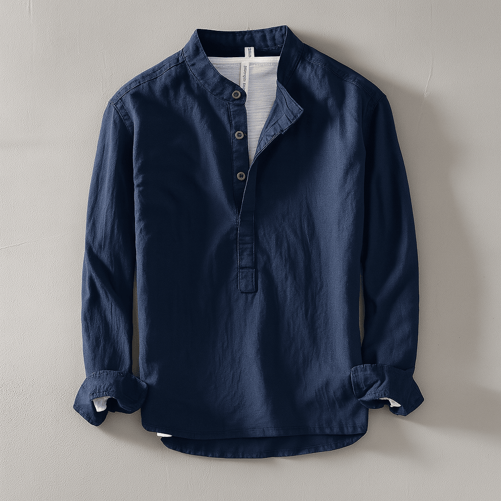 Herren Hemd ohne Kragen Stehkragen | Lässiges Langarm Leinenhemd beige [ Herrenkollektion - Langarmhemden - Sommerlangarm ] 48 - Herren Hemd ohne Kragen Stehkragen Gratti Paris Marineblau S 