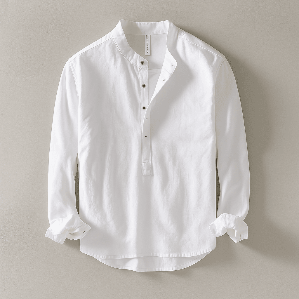 Herren Hemd ohne Kragen Stehkragen | Lässiges Langarm Leinenhemd beige [ Herrenkollektion - Langarmhemden - Sommerlangarm ] 48 - Herren Hemd ohne Kragen Stehkragen Gratti Paris Weiß S 
