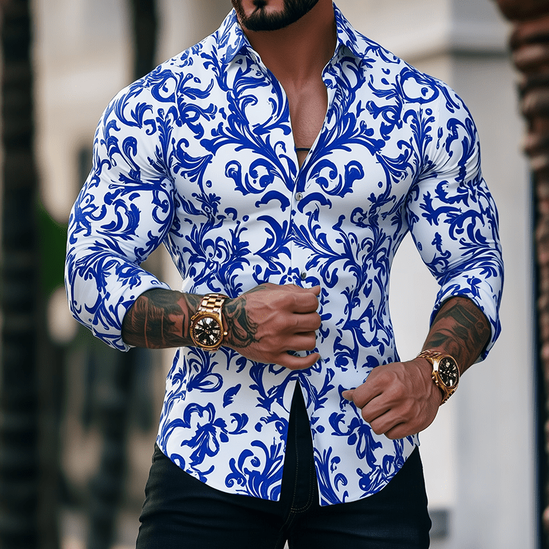 Herren Hemd Porzellan-Muster Slim Fit | Retro Freizeithemd blau-weiß [ Herrenkollektion - Langarmhemden - Sommerlangarm ] 157 - Herren Hemd Porzellan-Muster Slim Fit Gratti Paris 