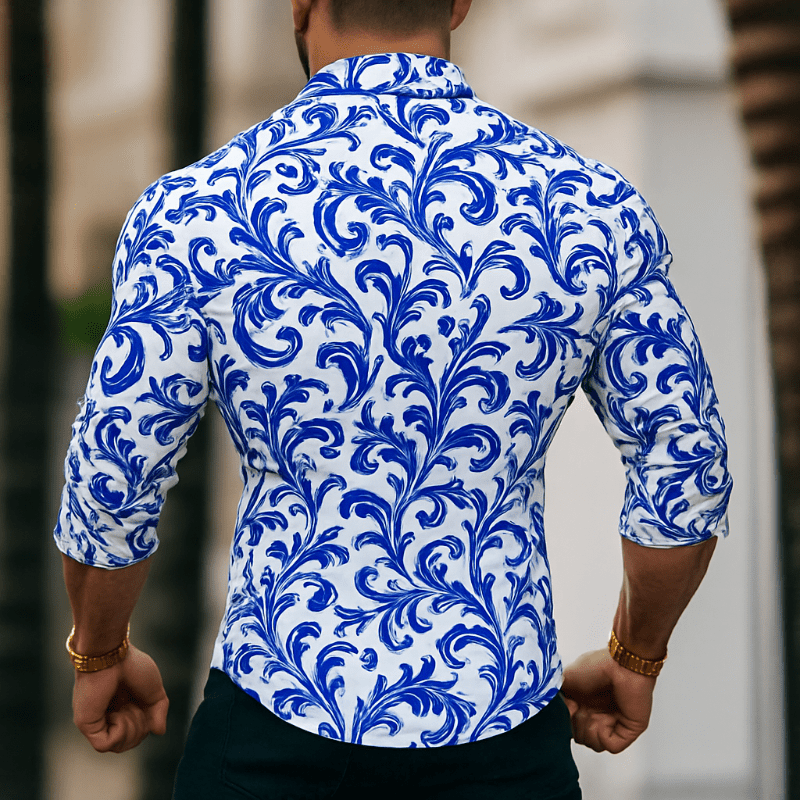 Herren Hemd Porzellan-Muster Slim Fit | Retro Freizeithemd blau-weiß [ Herrenkollektion - Langarmhemden - Sommerlangarm ] 157 - Herren Hemd Porzellan-Muster Slim Fit Gratti Paris 