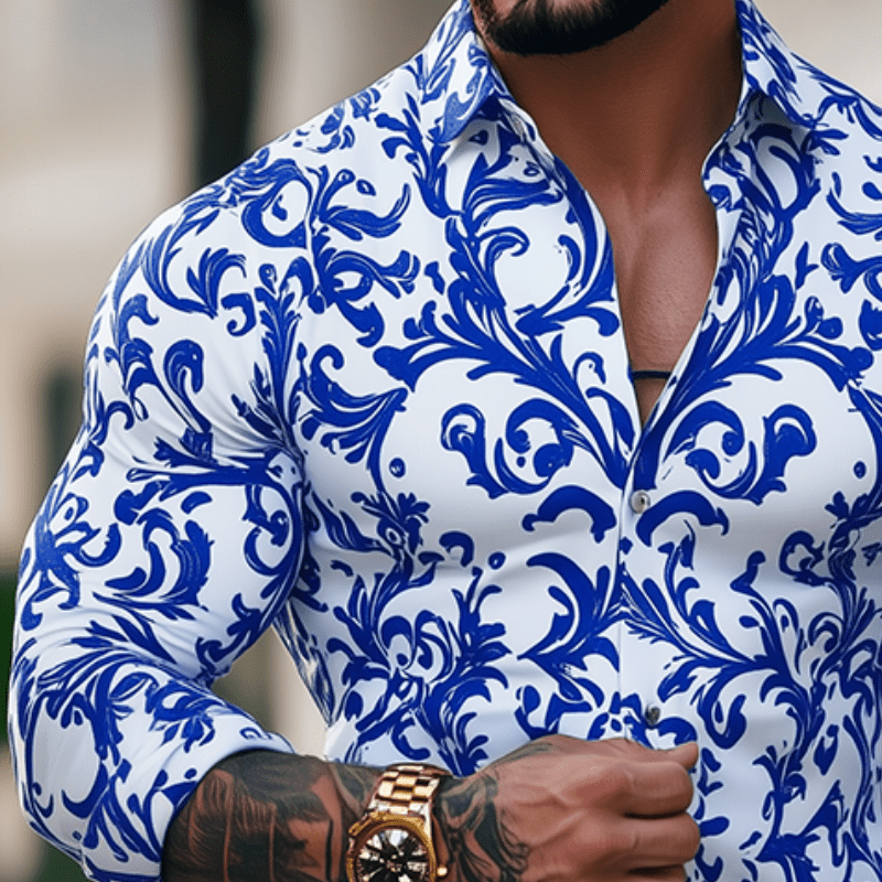 Herren Hemd Porzellan-Muster Slim Fit | Retro Freizeithemd blau-weiß [ Herrenkollektion - Langarmhemden - Sommerlangarm ] 157 - Herren Hemd Porzellan-Muster Slim Fit Gratti Paris 
