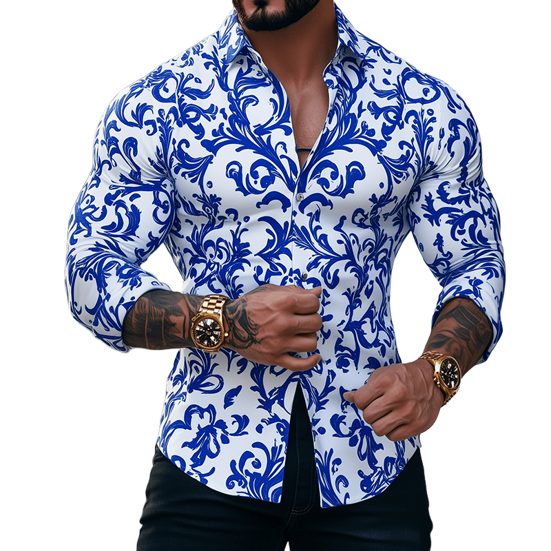 Herren Hemd Porzellan-Muster Slim Fit | Retro Freizeithemd blau-weiß [ Herrenkollektion - Langarmhemden - Sommerlangarm ] 157 - Herren Hemd Porzellan-Muster Slim Fit Gratti Paris Weiß S 
