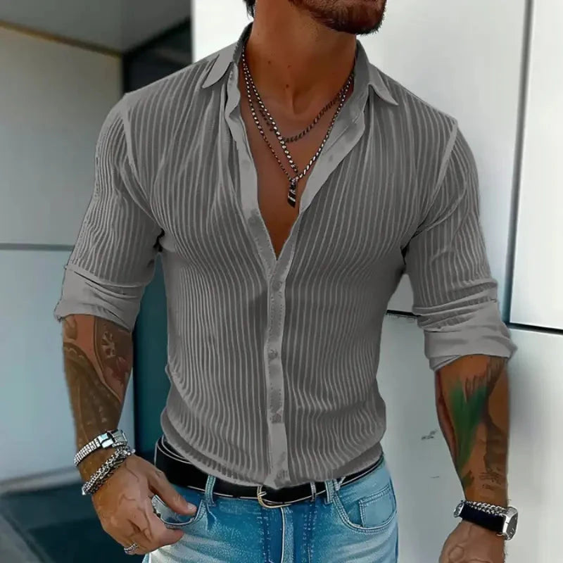 Herren Hemd Slim Fit Transparent | Gestreiftes Sommerhemd weiß [ Herrenkollektion - Leinenhemden - Langarmhemden ] 187 - Herren Hemd Slim Fit Transparent Gratti Berlin 