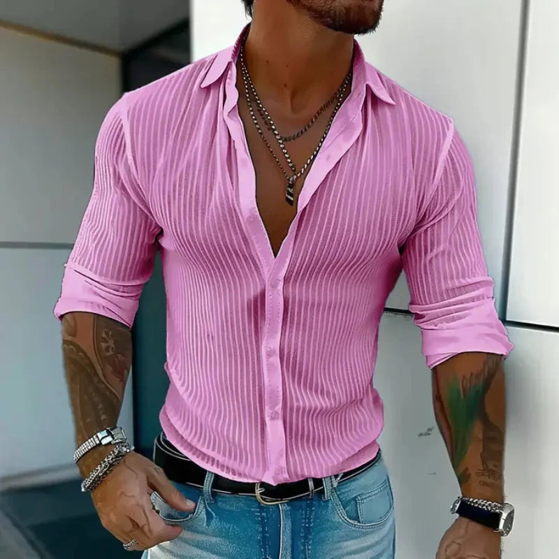 Herren Hemd Slim Fit Transparent | Gestreiftes Sommerhemd weiß [ Herrenkollektion - Leinenhemden - Langarmhemden ] 187 - Herren Hemd Slim Fit Transparent Gratti Berlin 