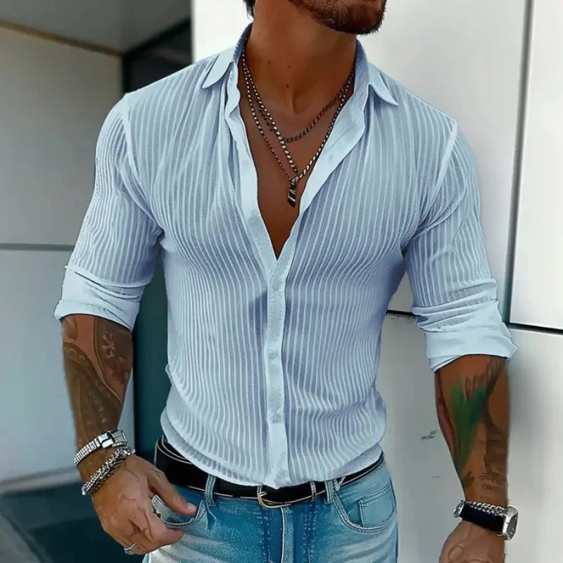 Herren Hemd Slim Fit Transparent | Gestreiftes Sommerhemd weiß [ Herrenkollektion - Leinenhemden - Langarmhemden ] 187 - Herren Hemd Slim Fit Transparent Gratti Berlin 