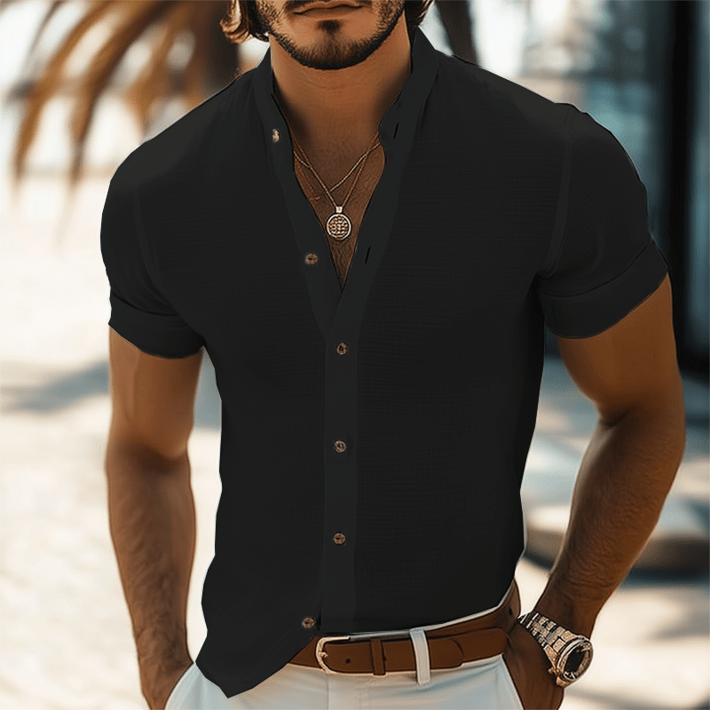 Herren Hemd Stehkragen Kurzarm | Lässiges Sommerhemd Leinenoptik weiß [ Herrenkollektion - Frühling & Sommer '25 - Hemden ] 156 - Herren Hemd Stehkragen Kurzarm Gratti Paris Schwarz S 