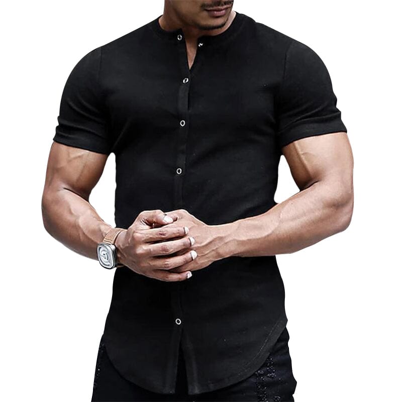 Herren Hemd Stehkragen Kurzarm | Slim Fit Freizeithemd weiß [ Herrenkollektion - Frühling & Sommer '25 - Hemden ] 12 - Herren Hemd Stehkragen Kurzarm Gratti Paris Schwarz S 