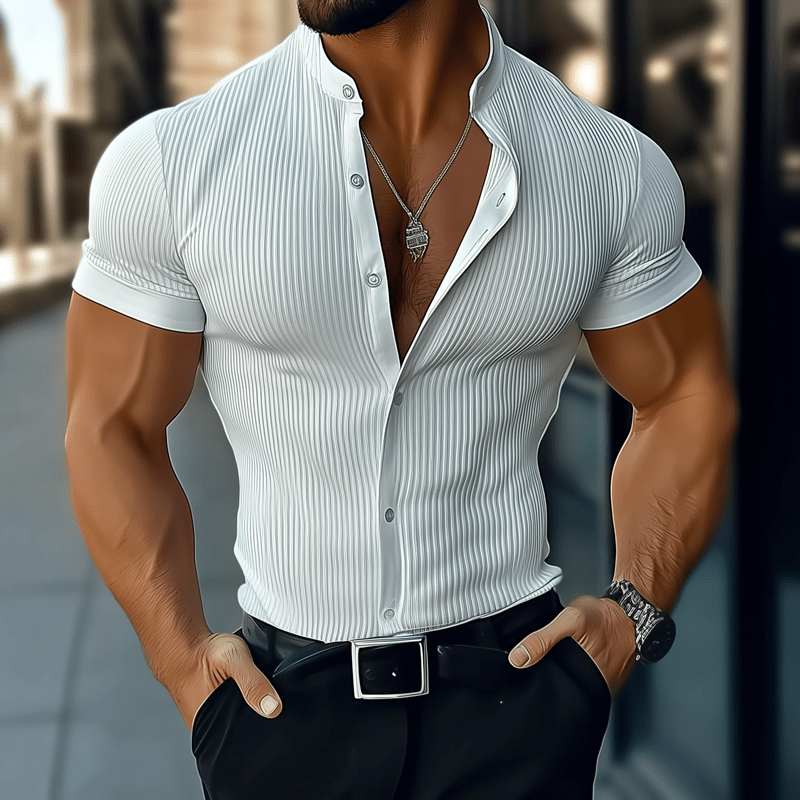 Herren Hemd Stehkragen Kurzarm Slim Fit | Geripptes Freizeithemd weiß [ Herrenkollektion - Frühling & Sommer '25 - Hemden ] 117 - Herren Hemd Stehkragen Kurzarm Slim Fit Gratti Paris Weiß S 