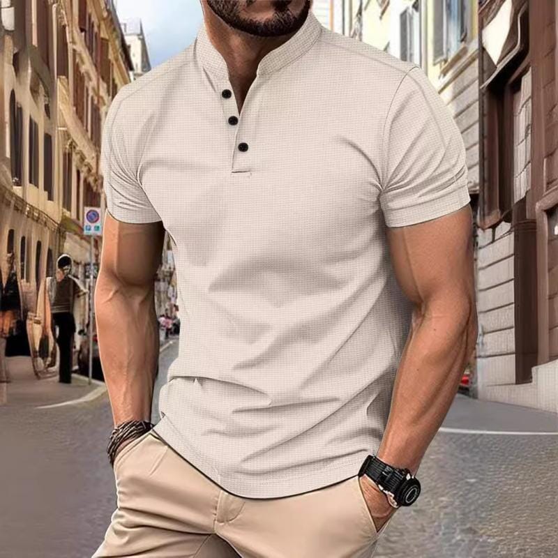Herren Hemd Stehkragen Kurzarm | Waffelstruktur Slim Fit T-Shirt weiß [ Herrenkollektion - Frühling & Sommer '25 - Hemden ] 100 - Herren Hemd Stehkragen Kurzarm Gratti Paris Apricot XS 