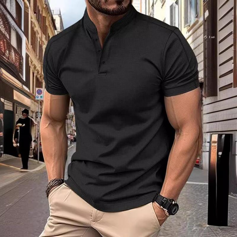 Herren Hemd Stehkragen Kurzarm | Waffelstruktur Slim Fit T-Shirt weiß [ Herrenkollektion - Frühling & Sommer '25 - Hemden ] 100 - Herren Hemd Stehkragen Kurzarm Gratti Paris Schwarz XS 