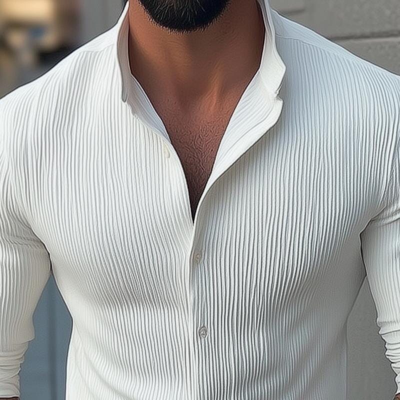 Herren Hemd Stehkragen Slim Fit | Freizeithemd mit Faltenstruktur weiß [ Herrenkollektion - Langarmhemden - Sommerlangarm ] 159 - Herren Hemd Stehkragen Slim Fit Gratti Paris 