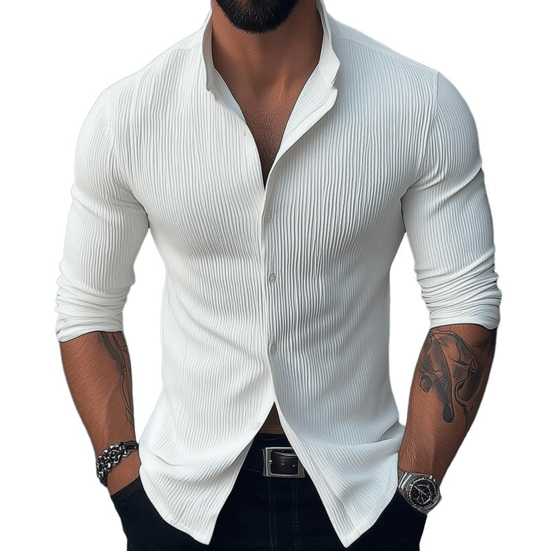 Herren Hemd Stehkragen Slim Fit | Freizeithemd mit Faltenstruktur weiß [ Herrenkollektion - Langarmhemden - Sommerlangarm ] 159 - Herren Hemd Stehkragen Slim Fit Gratti Paris 